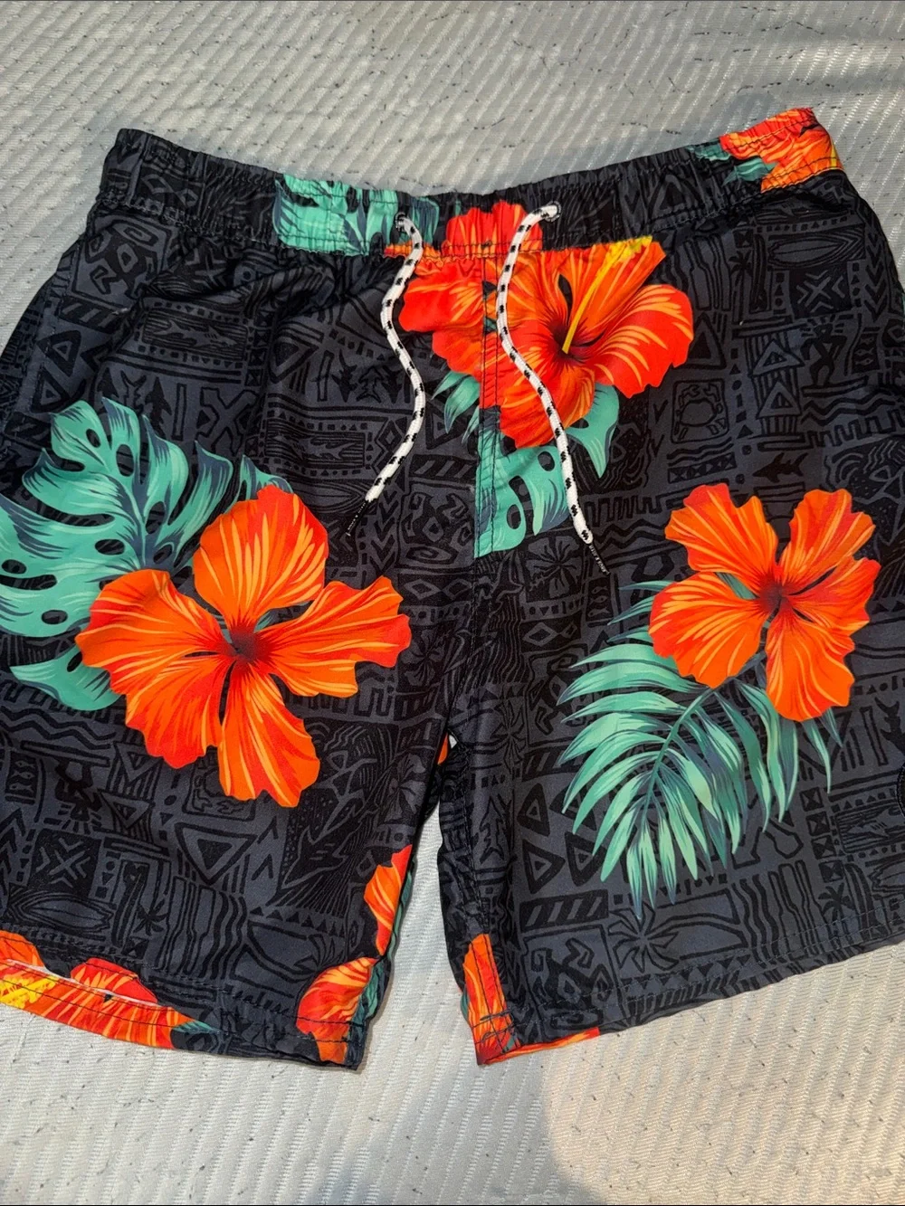 Maui and Sons Black Swim Trunks with Orange Hibiscus and Teal Leaves